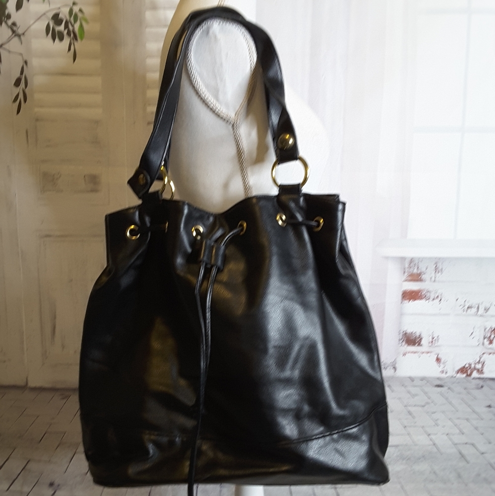 💕Black Leather💕Drawstring Hobo Handbag Purse Shoulder Bag